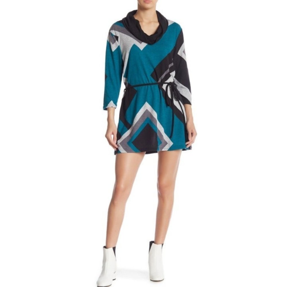 Papillon Cowl Neck Geometric Tie Waist Dress